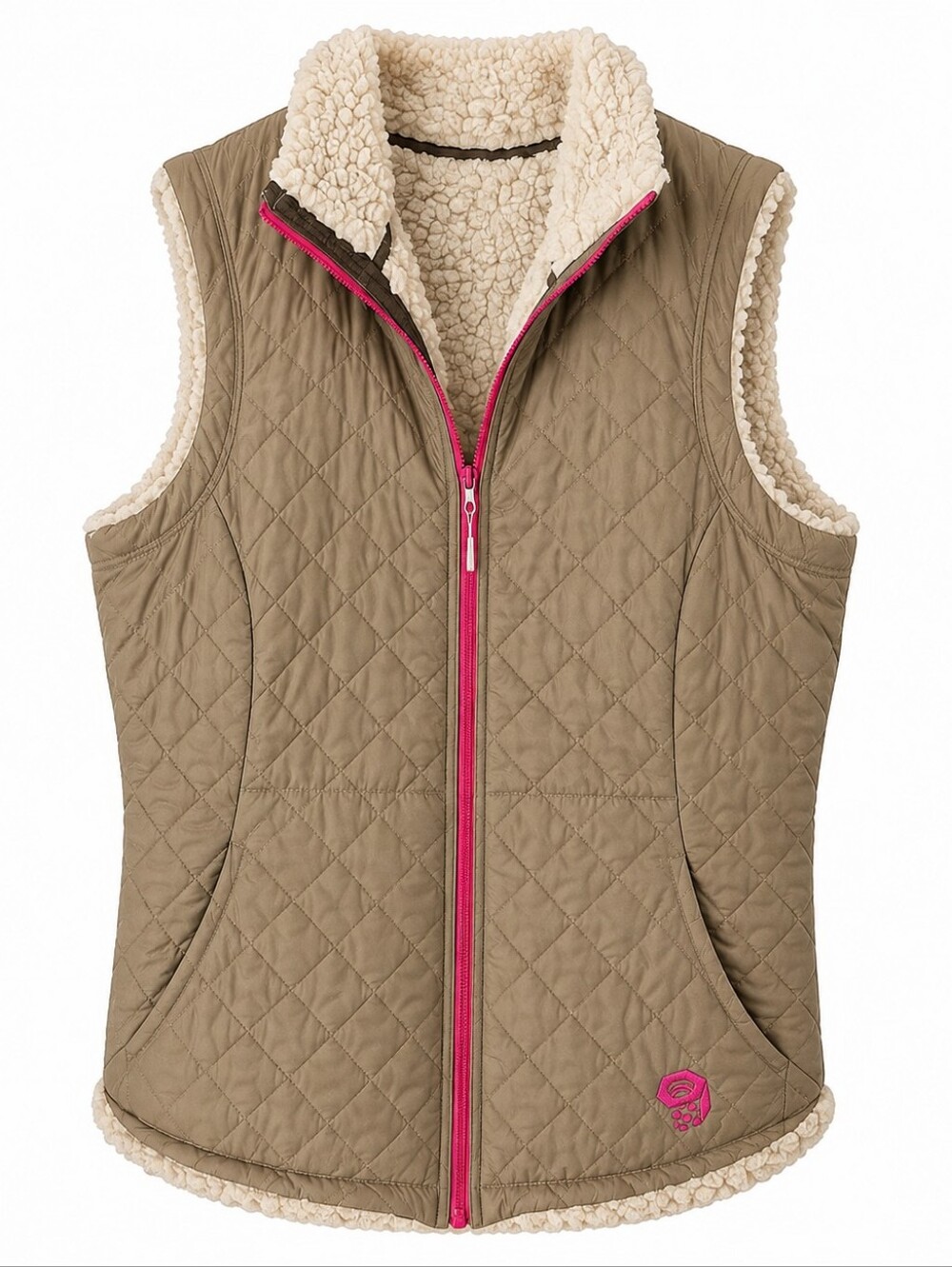 Mountain Hardwear Quilted Sherpa Reversible Vest in Tan with Pink Accents Medium